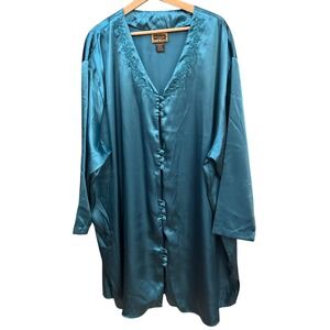 Vintage Solange Satin Robe Teal Blue Embroidered Regencycore Glamour Boudoir